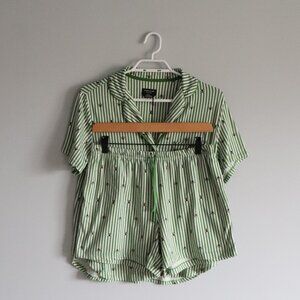 Kate Spade Womens Green Sz M Striped Animal Print 2-Piece Sleepwear Pyjama Set